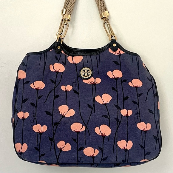 Tory Burch Floral Canvas Large Handbag Blue and Coral - Picture 4 of 11